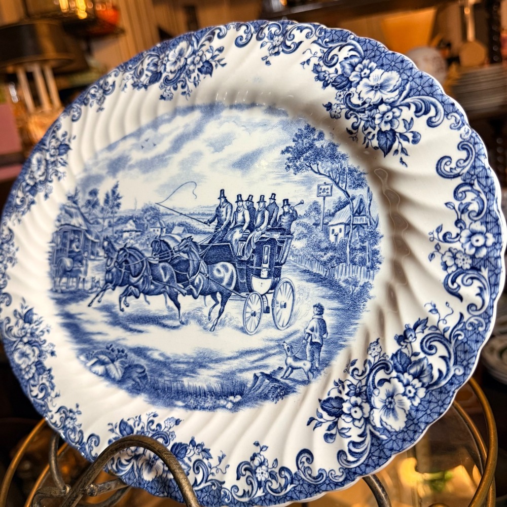 Johnson Brothers Coaching Scenes Blue White Ironstone Oval Platter England